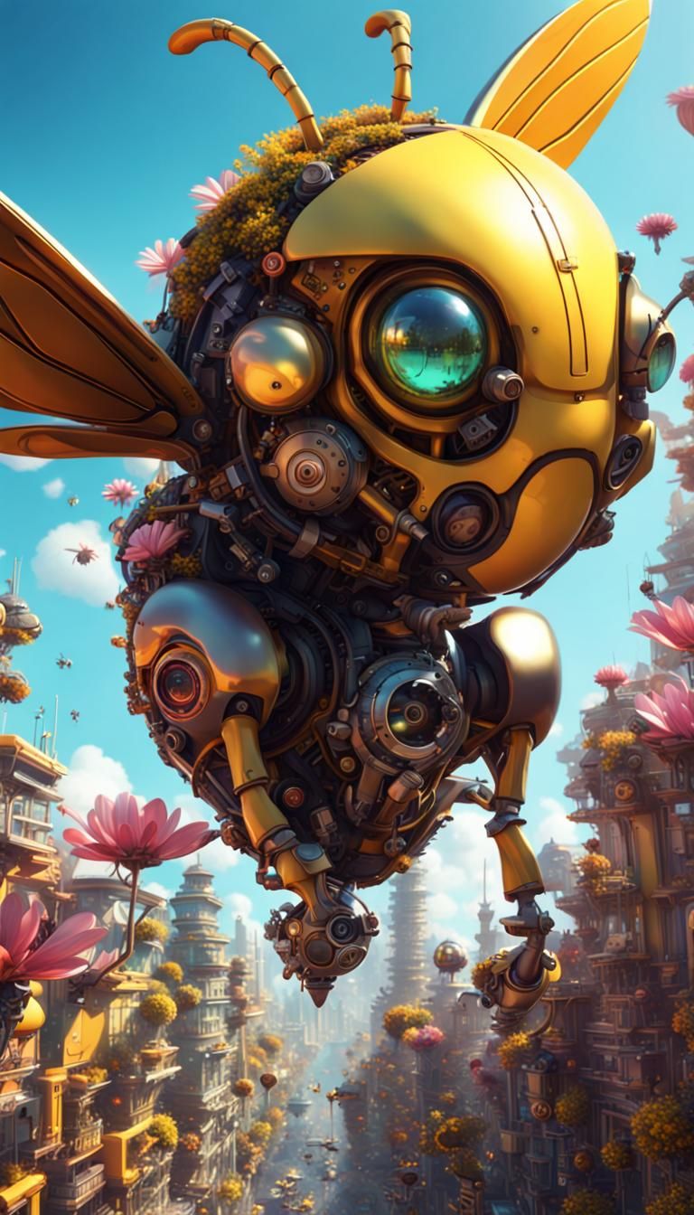 Mechanical Bee in Solar Punk Flower City