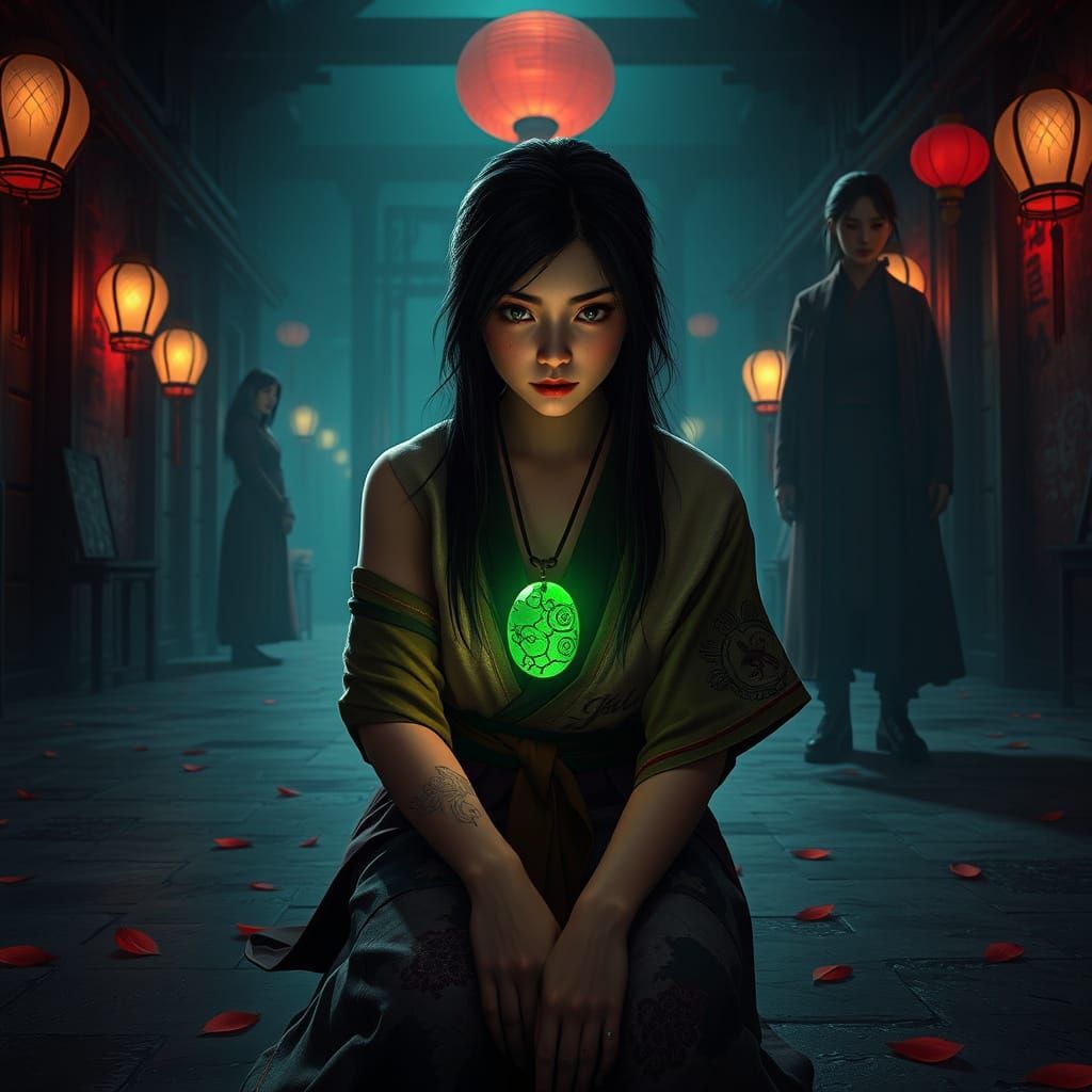 Young Woman in Despair, Looming Shadows and Dark Fantasy