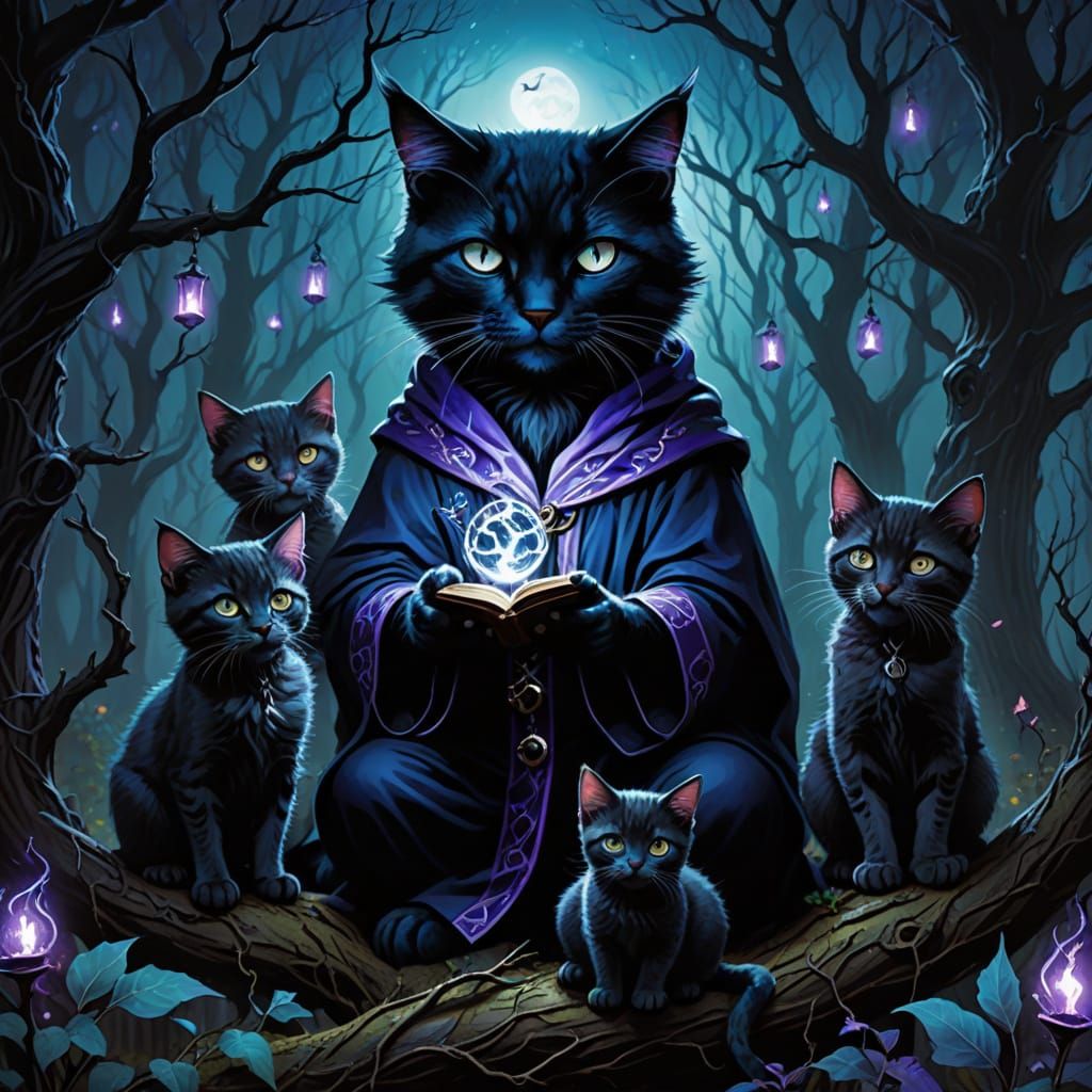 Gothic Cat Wizard Teaches Mystical Magic in Dark Forest