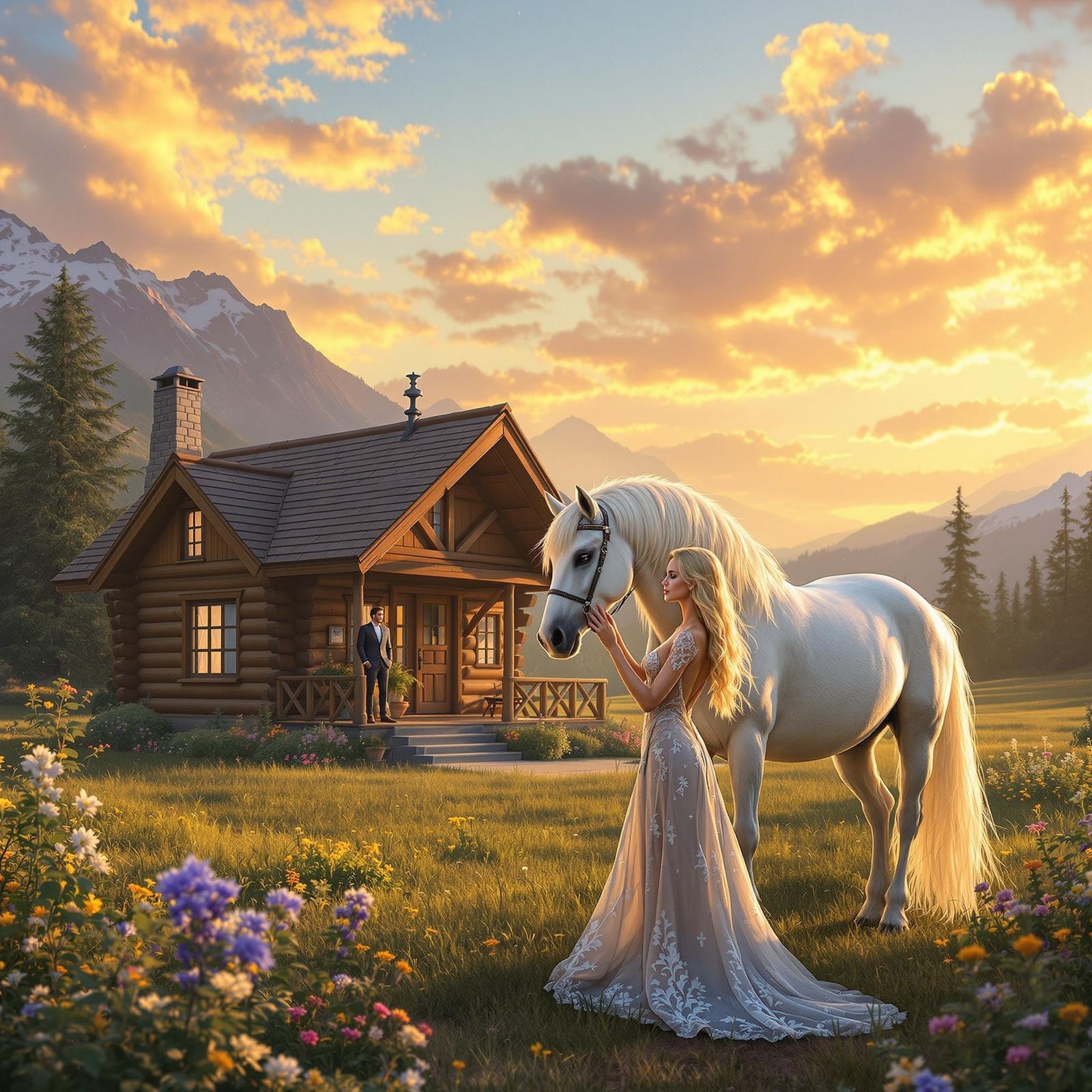 Serene Mountain Log Cabin Scene with Majestic White Horse