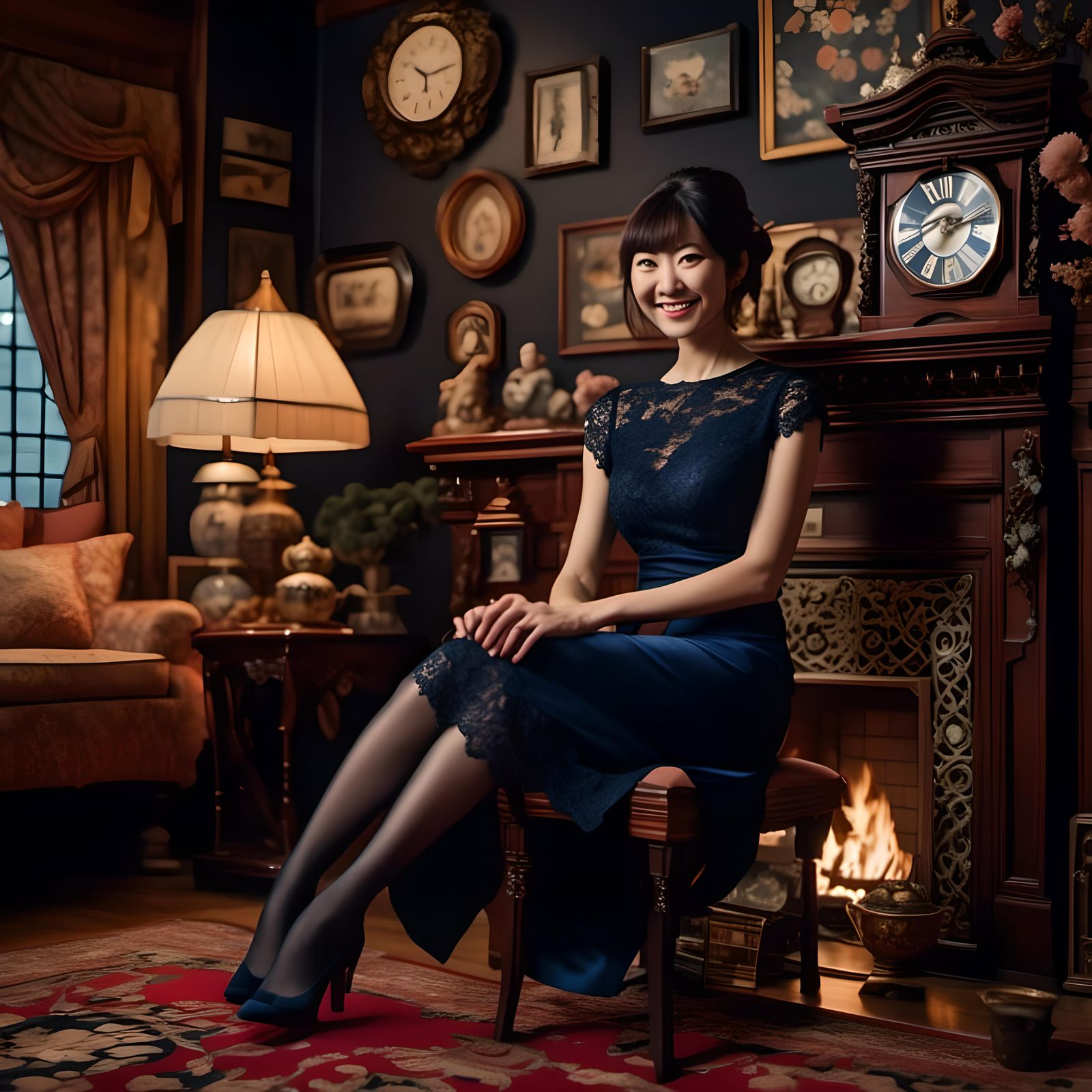 Woman in Blue Dress by Fireplace in 8K