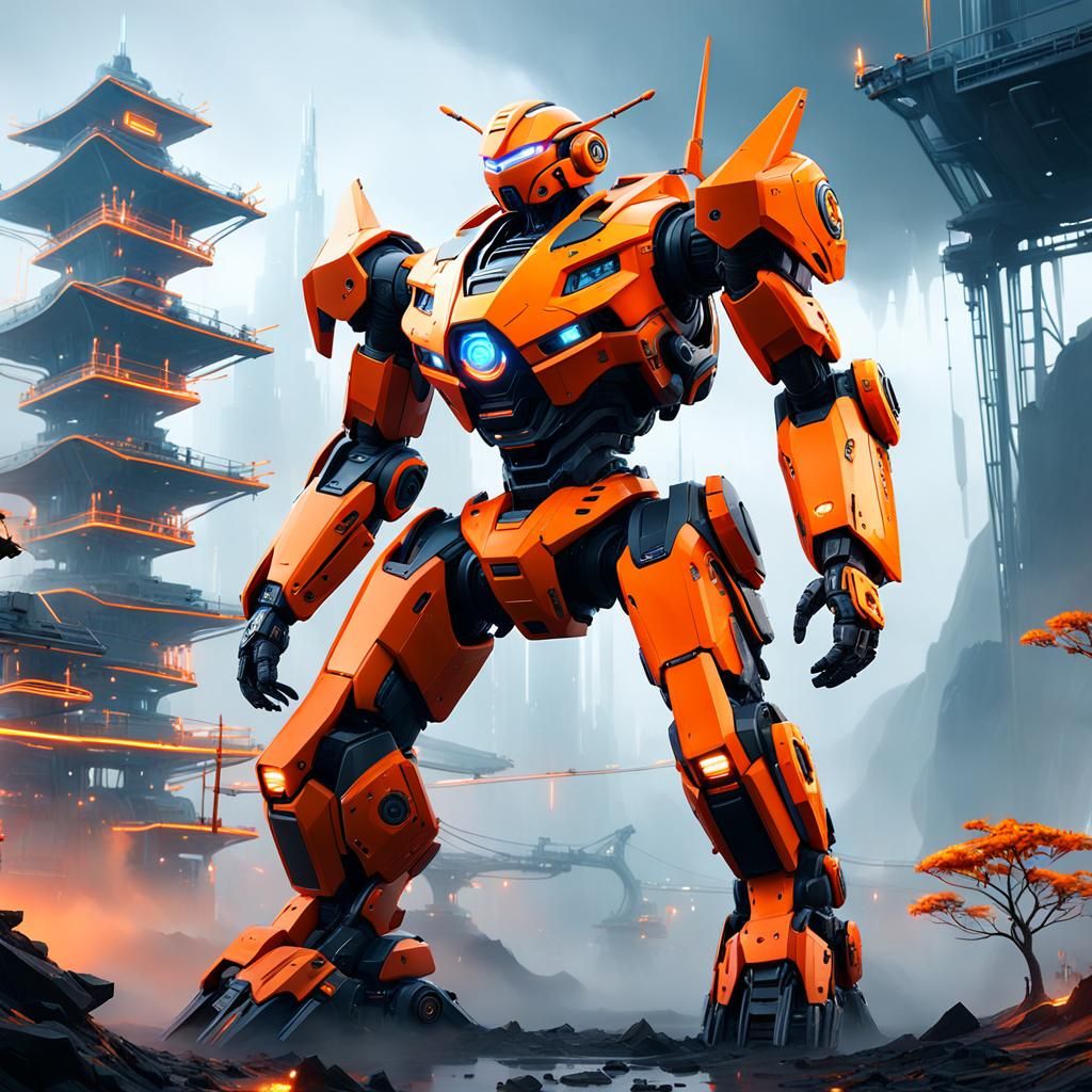 Futuristic Orange Construction Mecha in Dreamlike Landscape