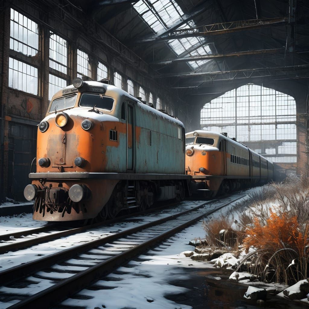 Old Train in Abandoned Winter Plant