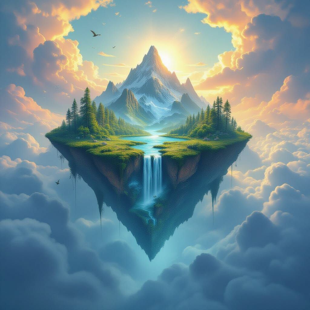 Floating Upside-Down Continent Above Cloud Ocean