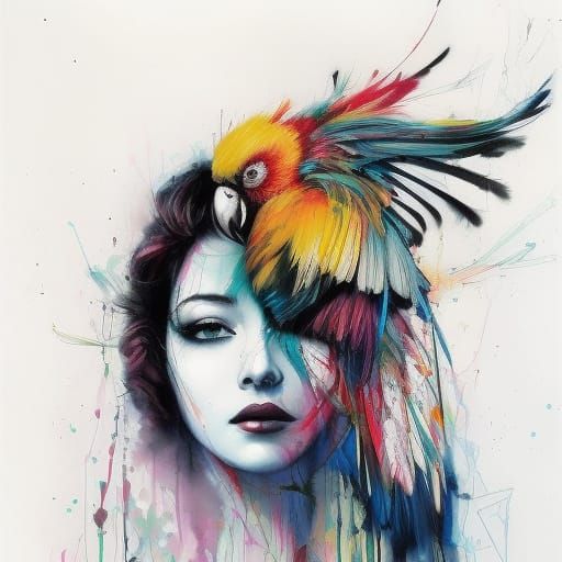 Colorful Parrot Portrait with Flowing Ink