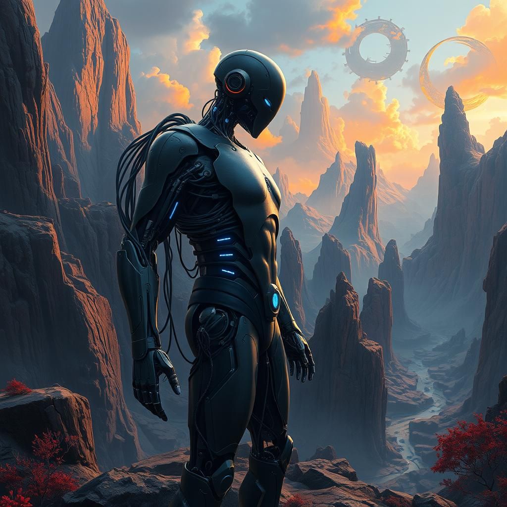 Cyborg in Fantasy Landscape Digital Painting