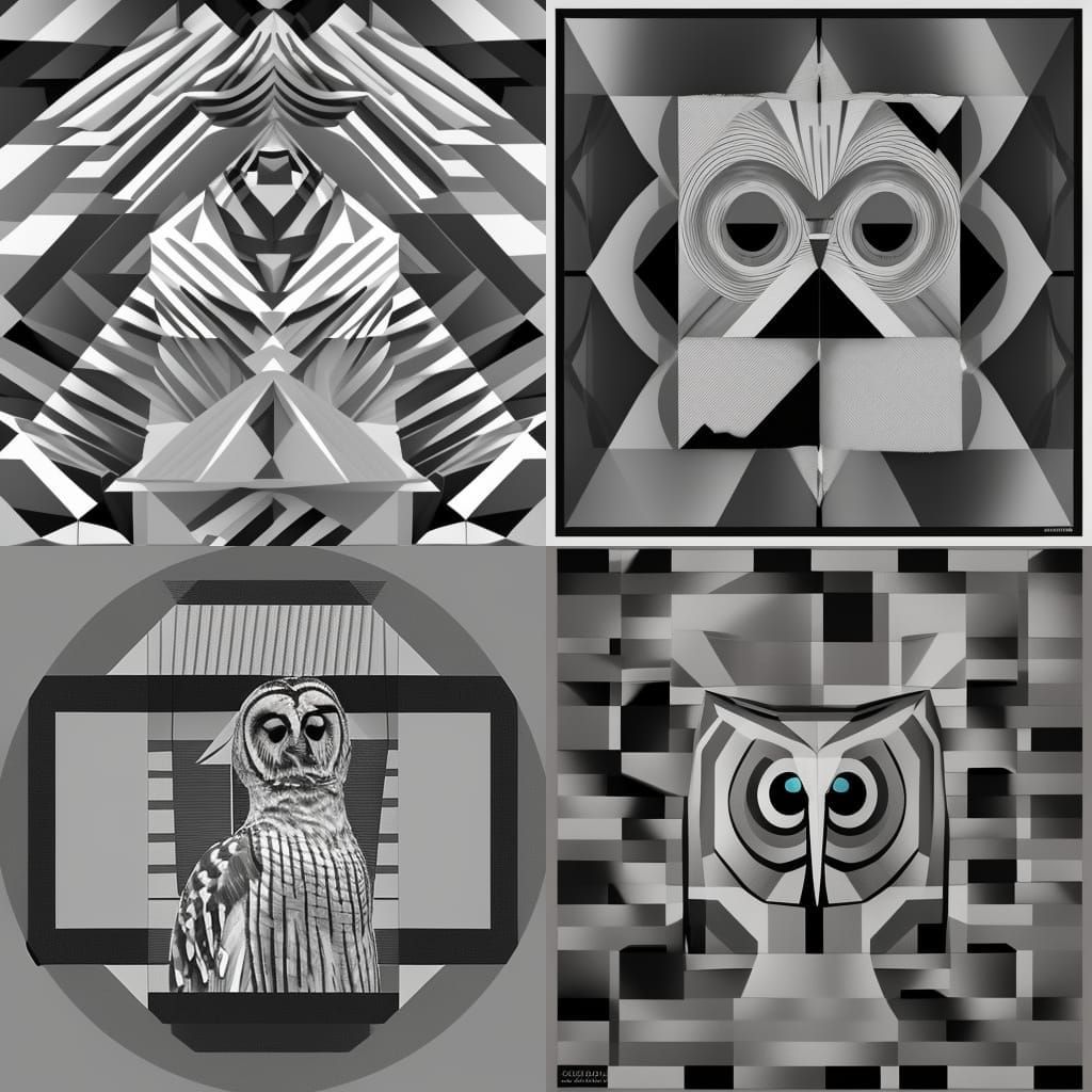 Geometric Barred Owl in Grayscale, Cubist Art Deco