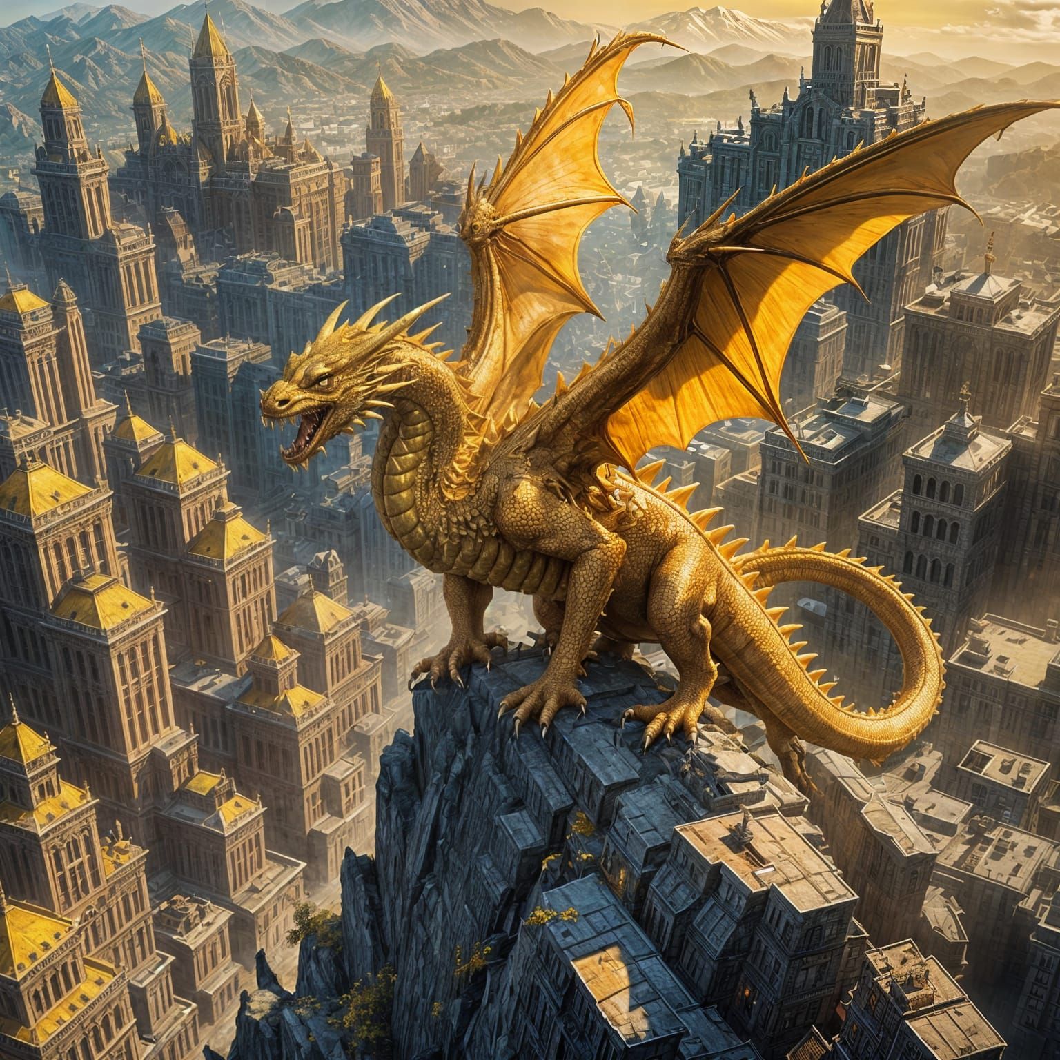 Titanic Yellow Dragon Over Golden City