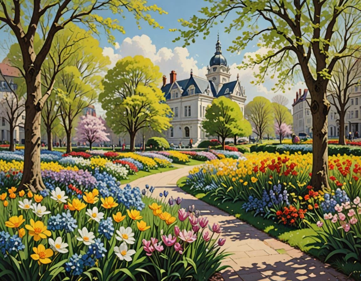 Whimsical Spring Park Scene in Vibrant Colors