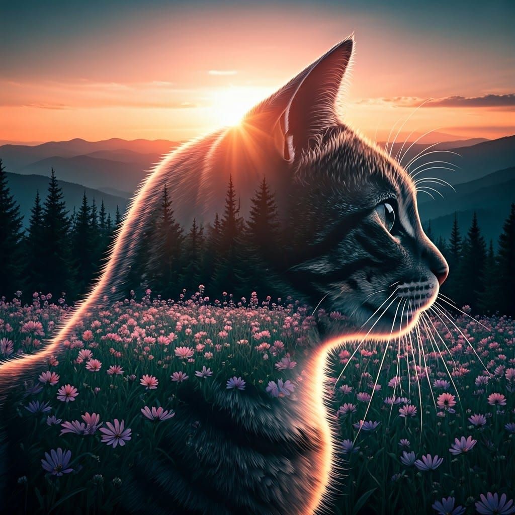 Cat Silhouette with Mountain Sunset, Double Exposure Portrai...