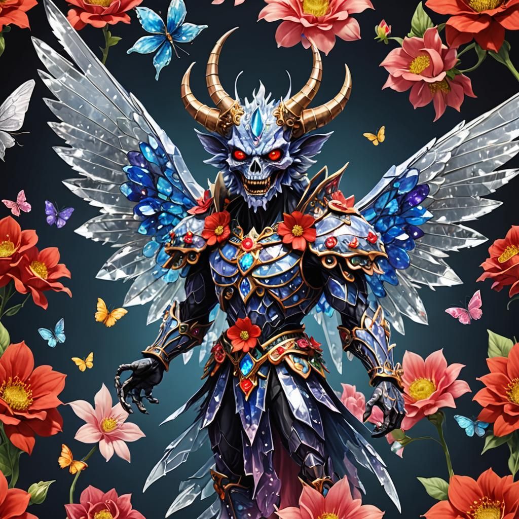 Crystal Demon with Flower Wings: Surreal Digital Art