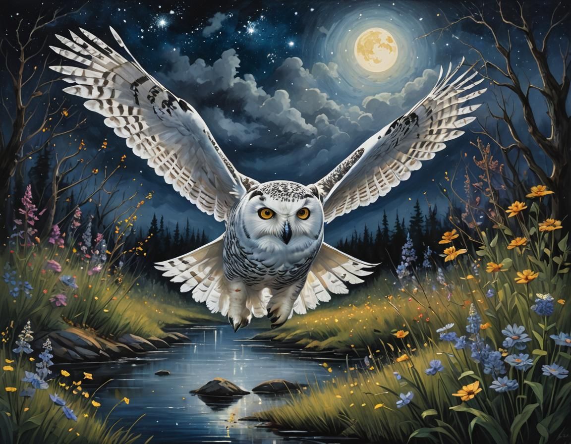Snowy Owl Soaring Under Starry Sky in Dark Fantasy Style