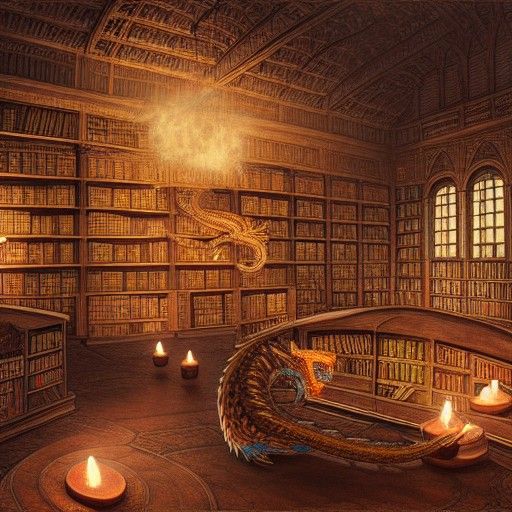 Dragon Hoard in Ancient Candlelit Library