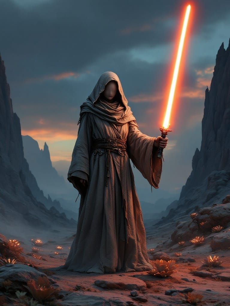 Elder Jedi Warrior on Windswept Alien Planet