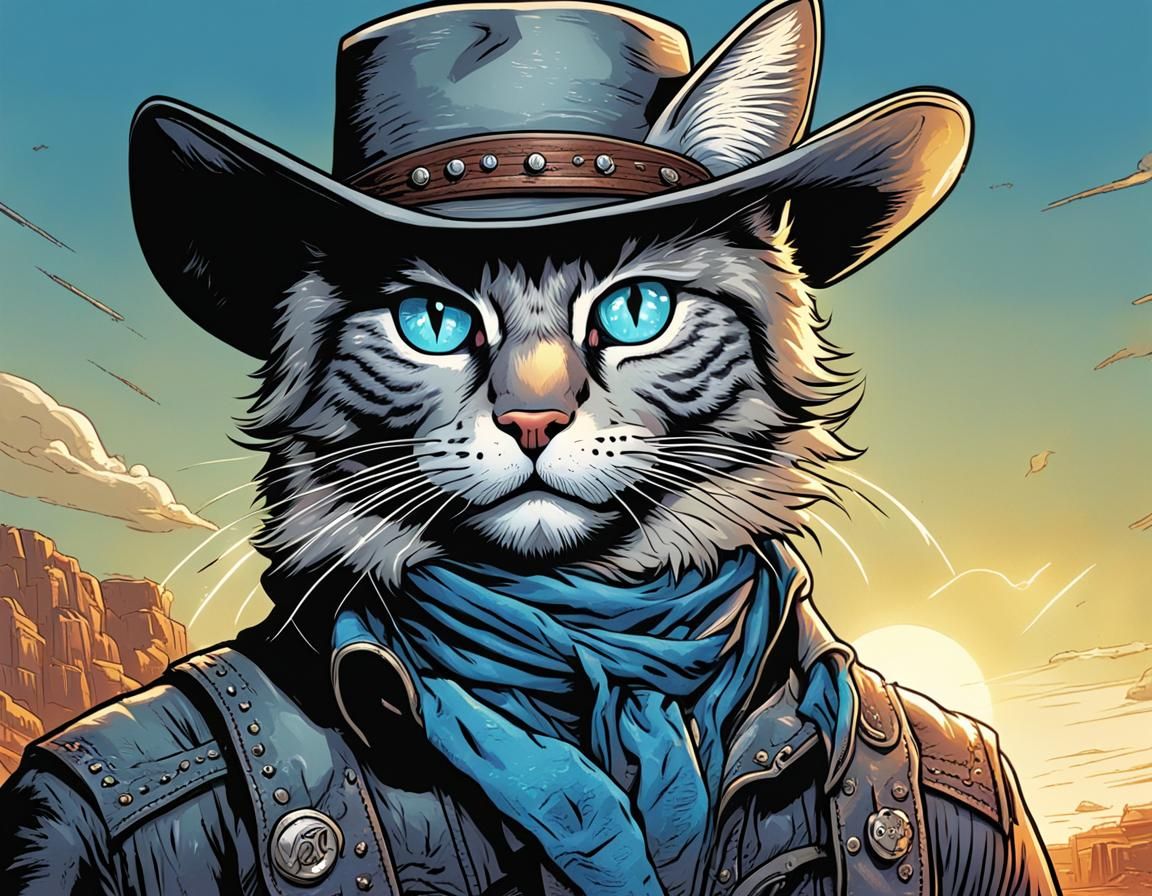 Grey tabby cat as a cowboy in a Western
