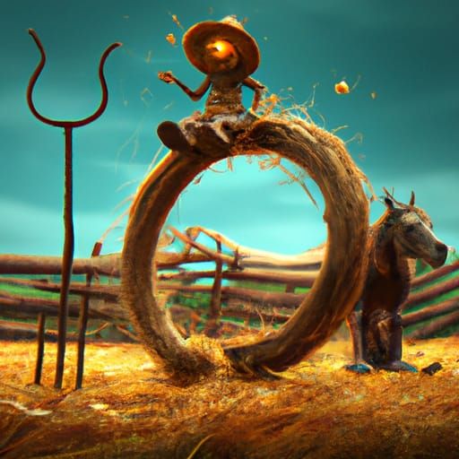 Detailed Scarecrow Finds Horseshoe, Fantasy Concept Art