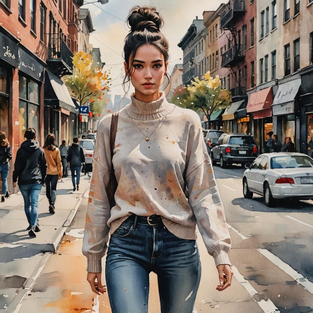 Girl with Black Hair in Watercolor Style