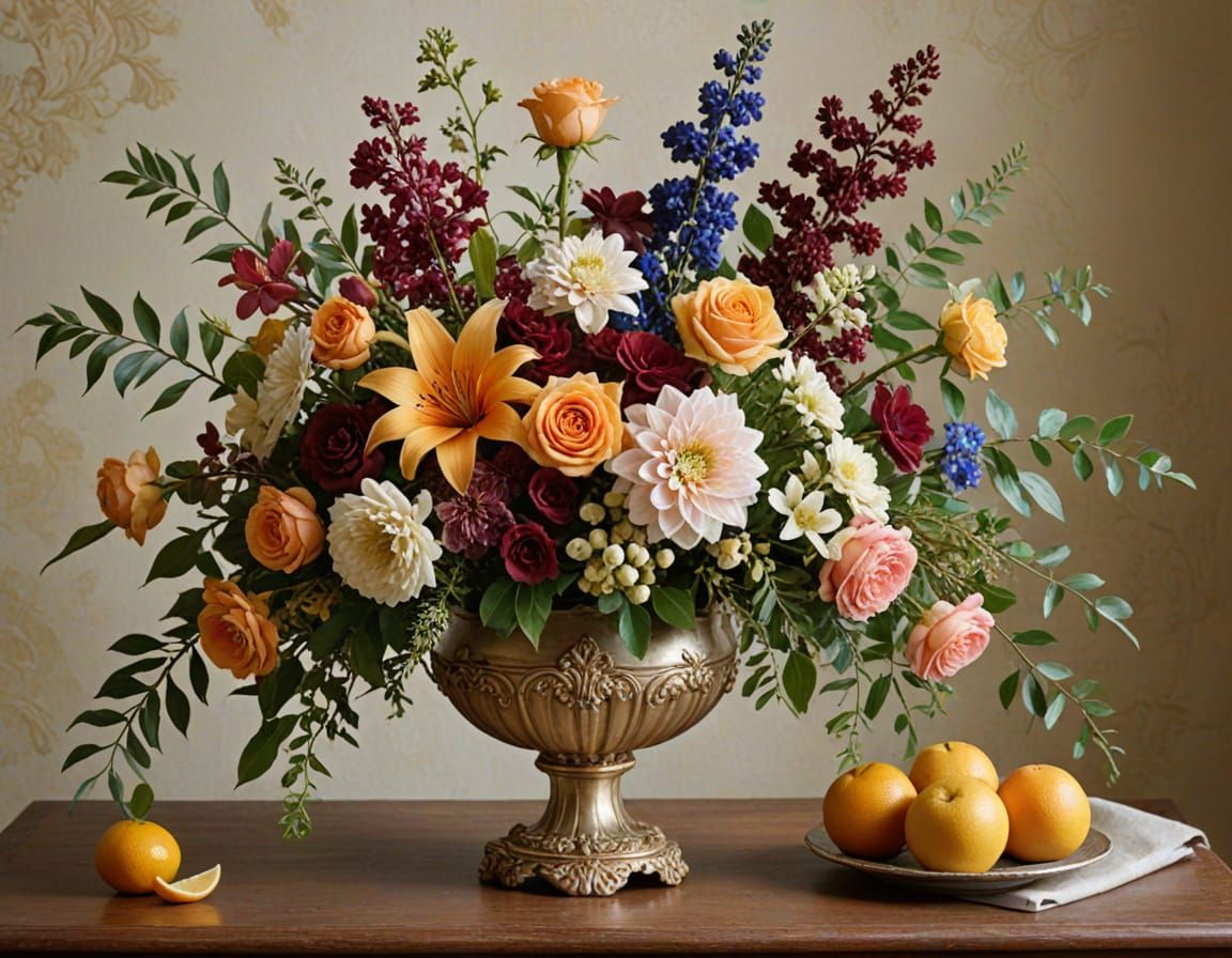 Elegant Still Life Masterpiece with Fresh Flowers and Fruits