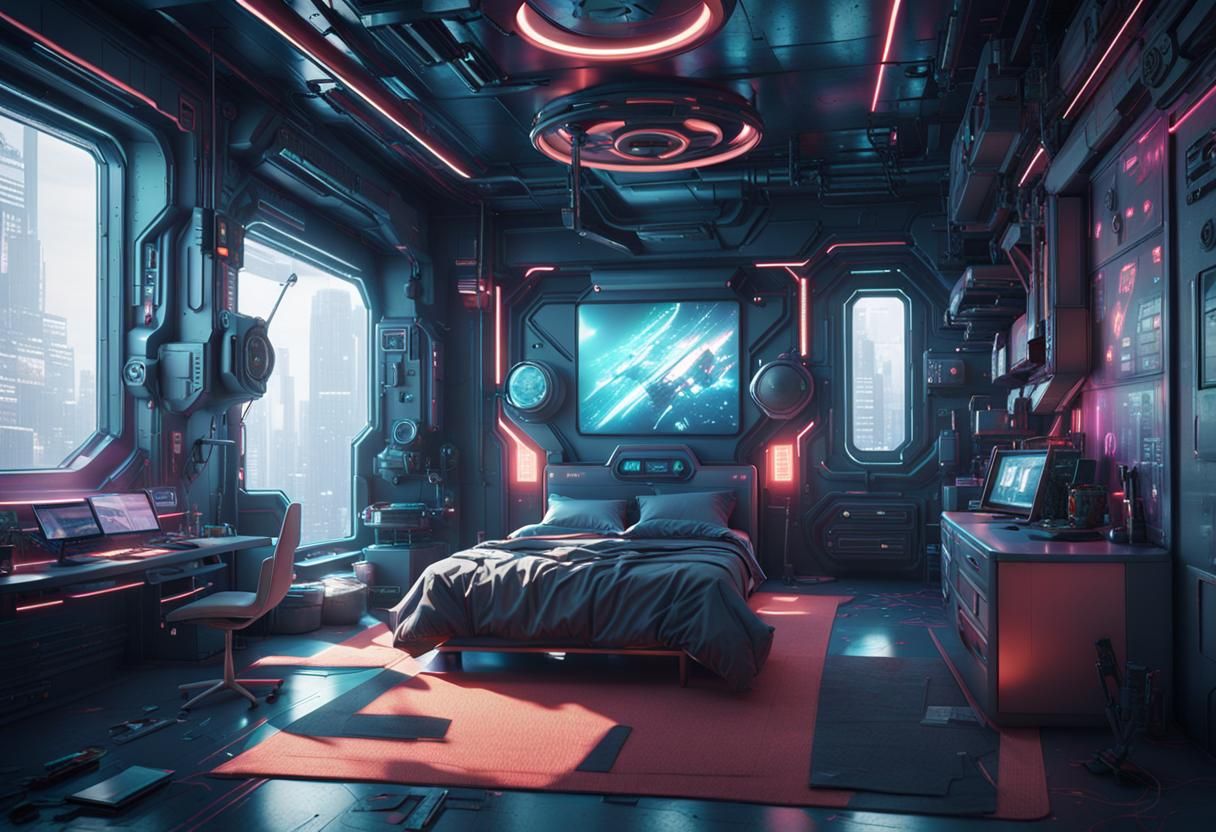 Cyberpunk Bedroom with Retro Sci-Fi Furniture