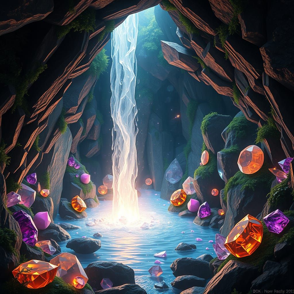 Glowing Waterfall in Crystal Cave, Hyperrealistic