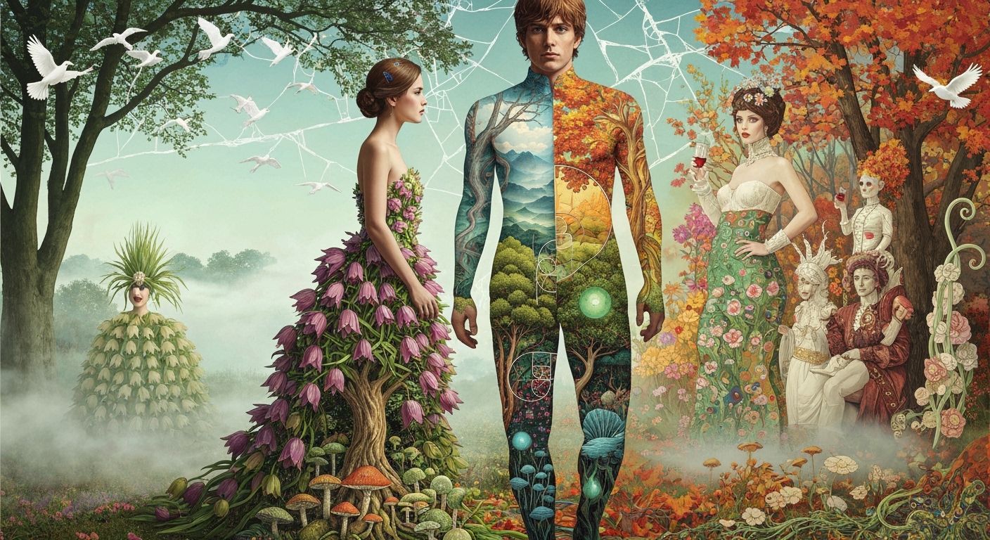 Woman in Fritillaria Dress: Surreal Dreamscape