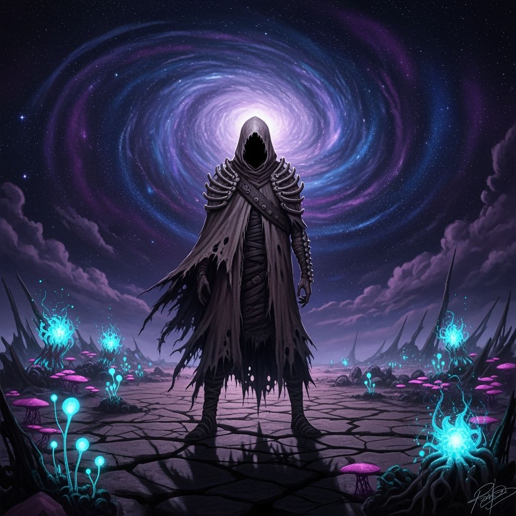 Otherworldly Figure Silhouetted Against Cosmic Vortex