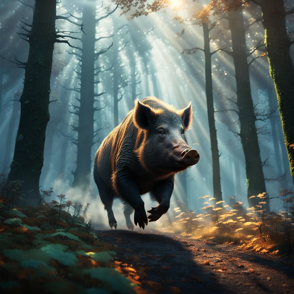 Epic Fantasy Wild Boar Spreads Wings in Misty Forest