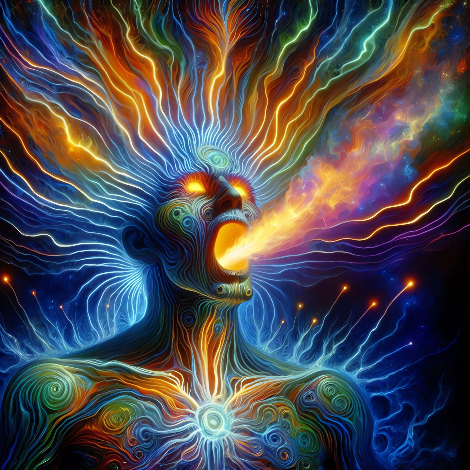 Neon Shaman with Fiery Light, in Folk-Futurist Style