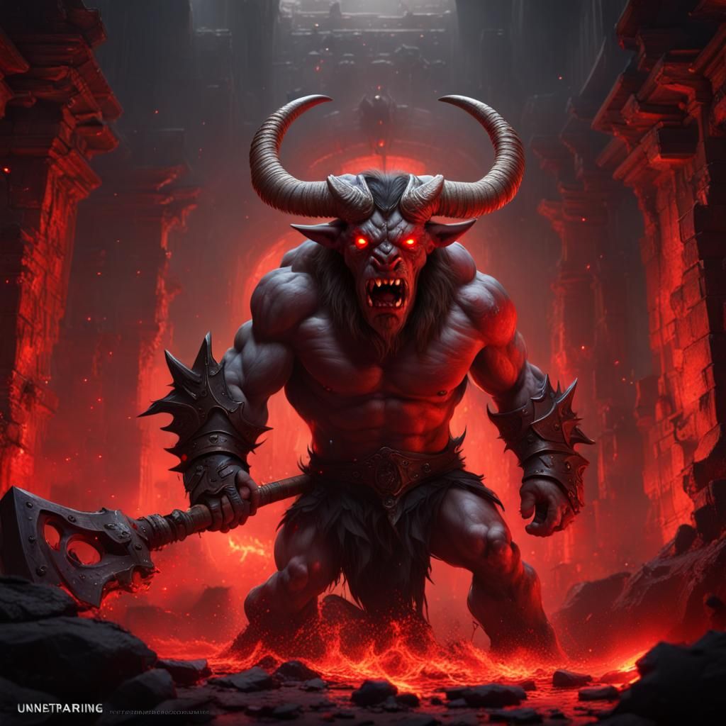 Charging Minotaur with Axe in Labyrinth