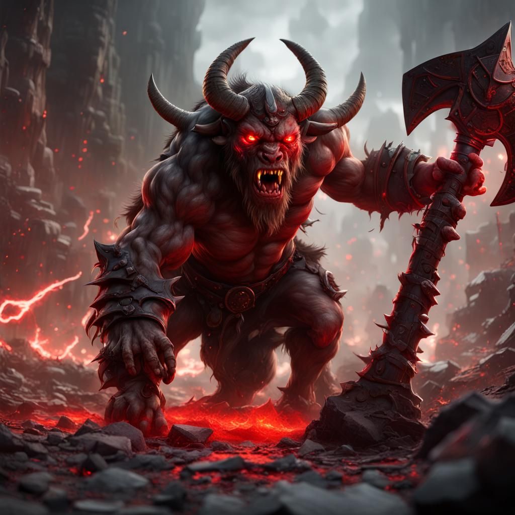 Charging Minotaur with Axe in Fantasy Labyrinth