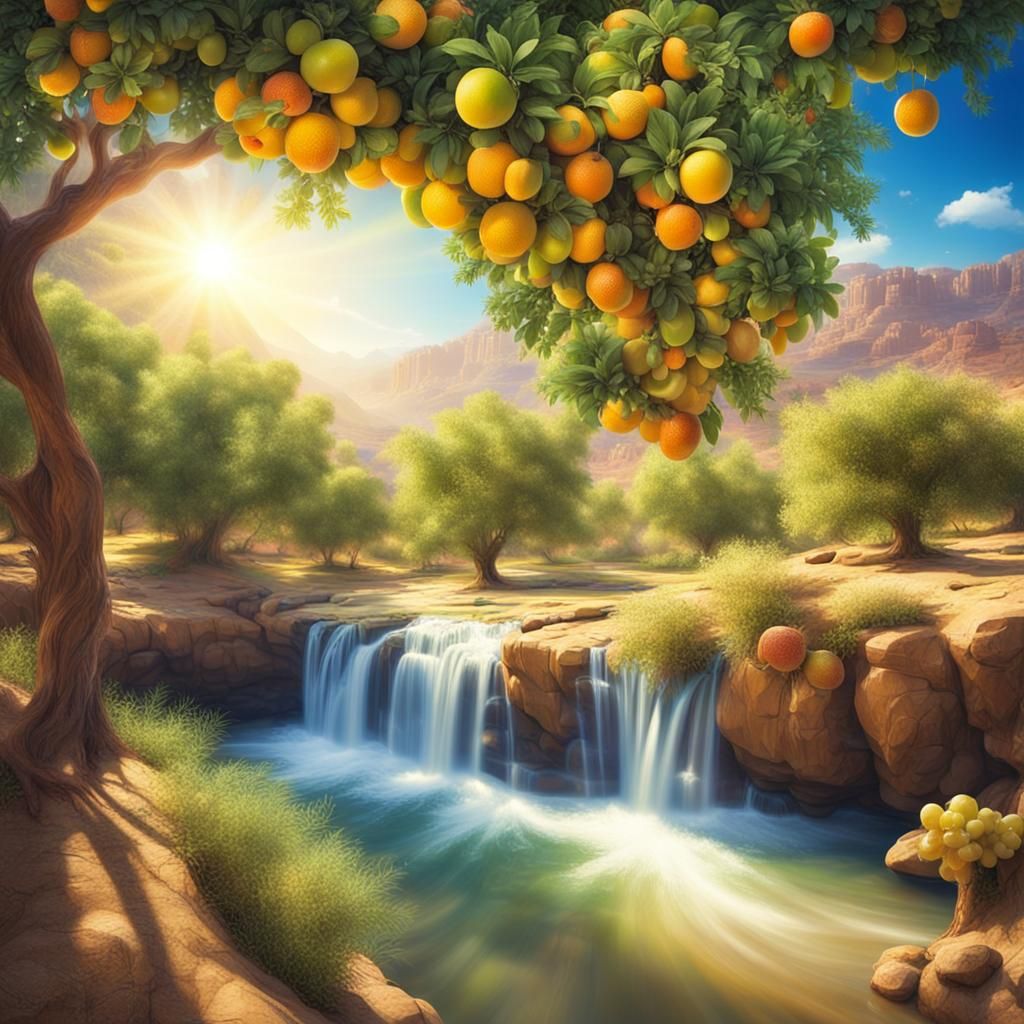 Desert Oasis: River of Life and Fruit Trees