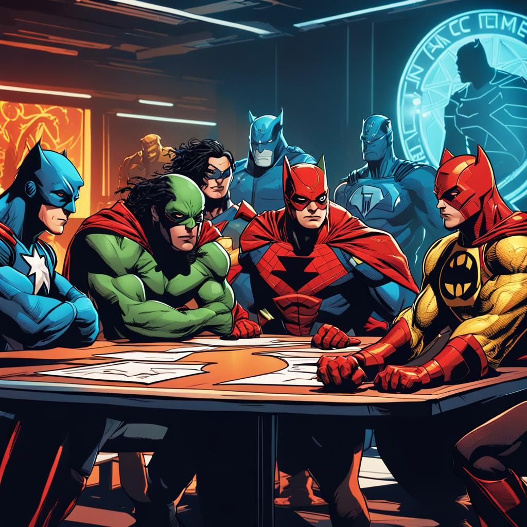 Animal-Themed Superheroes in High-Tech Conference Room