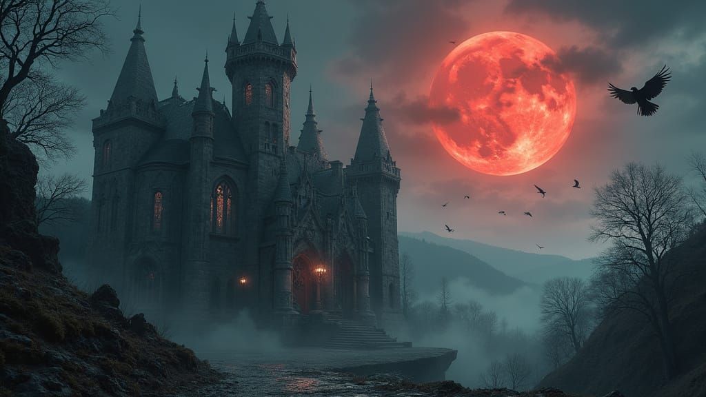 Gothic Castle Under Crimson Blood Moon in Dark Mystical Styl...