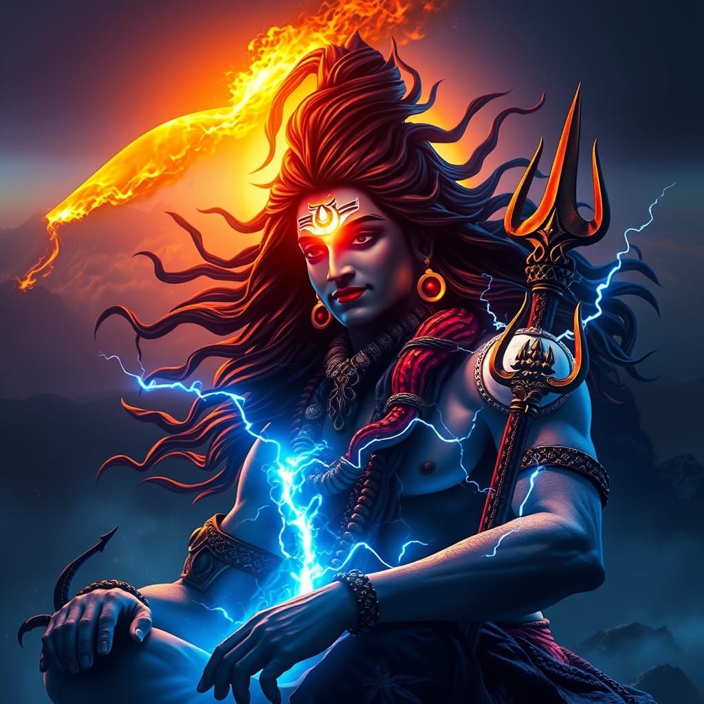 Lord Shiva Meditating on Mount Kailash: Cosmic Flames