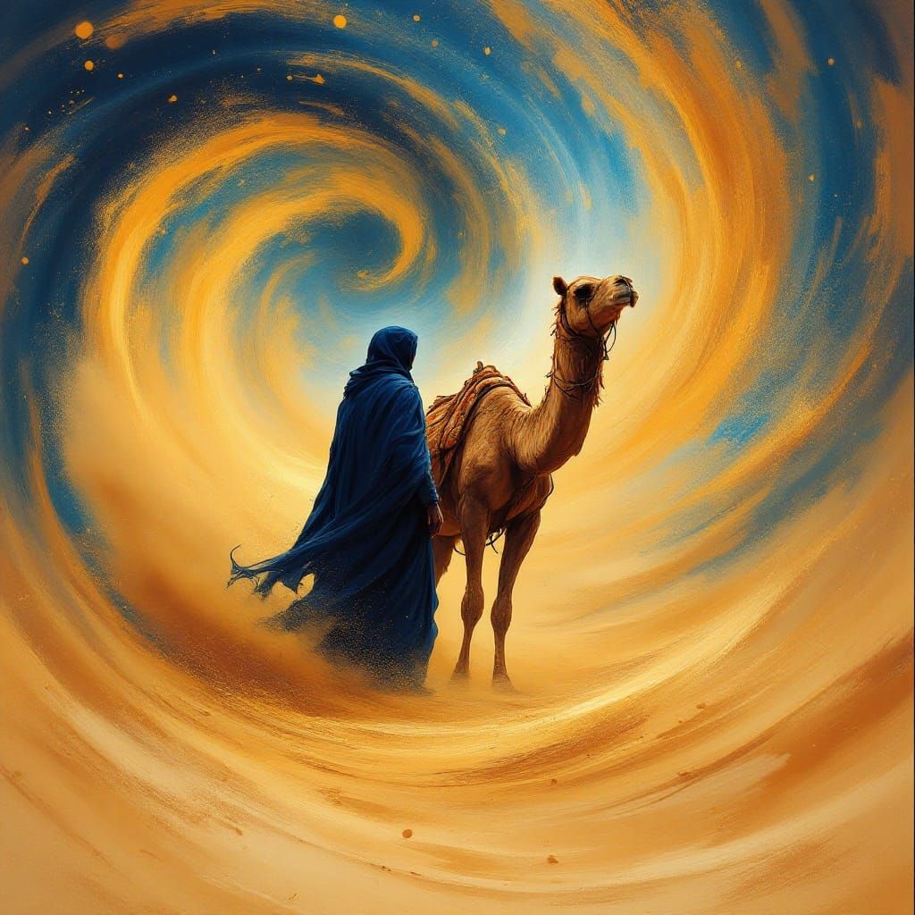Tuareg and Camel in Desert Sandstorm, Street Art Style