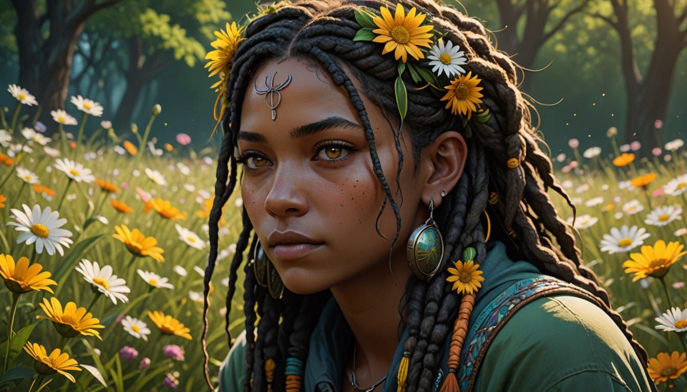 Hippy Portrait with Braids in Meadow, Digital Art