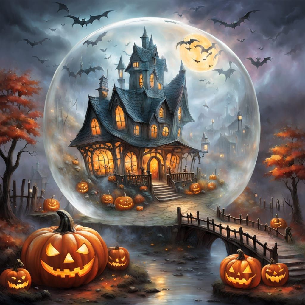 Glass Pumpkin with Halloween Village Scene