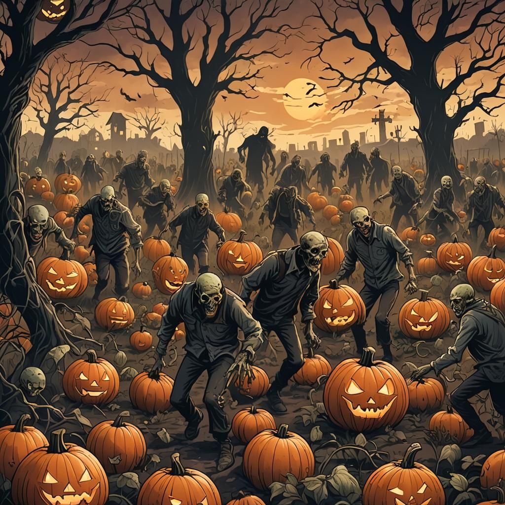 Zombies in a Pumpkin Patch: Dark Fantasy Illustration