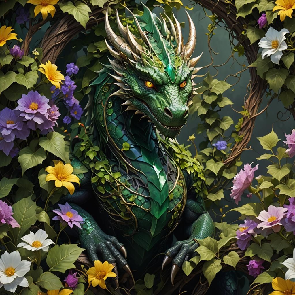 Green Dragon with Emerald Eyes, Dark Fantasy Art