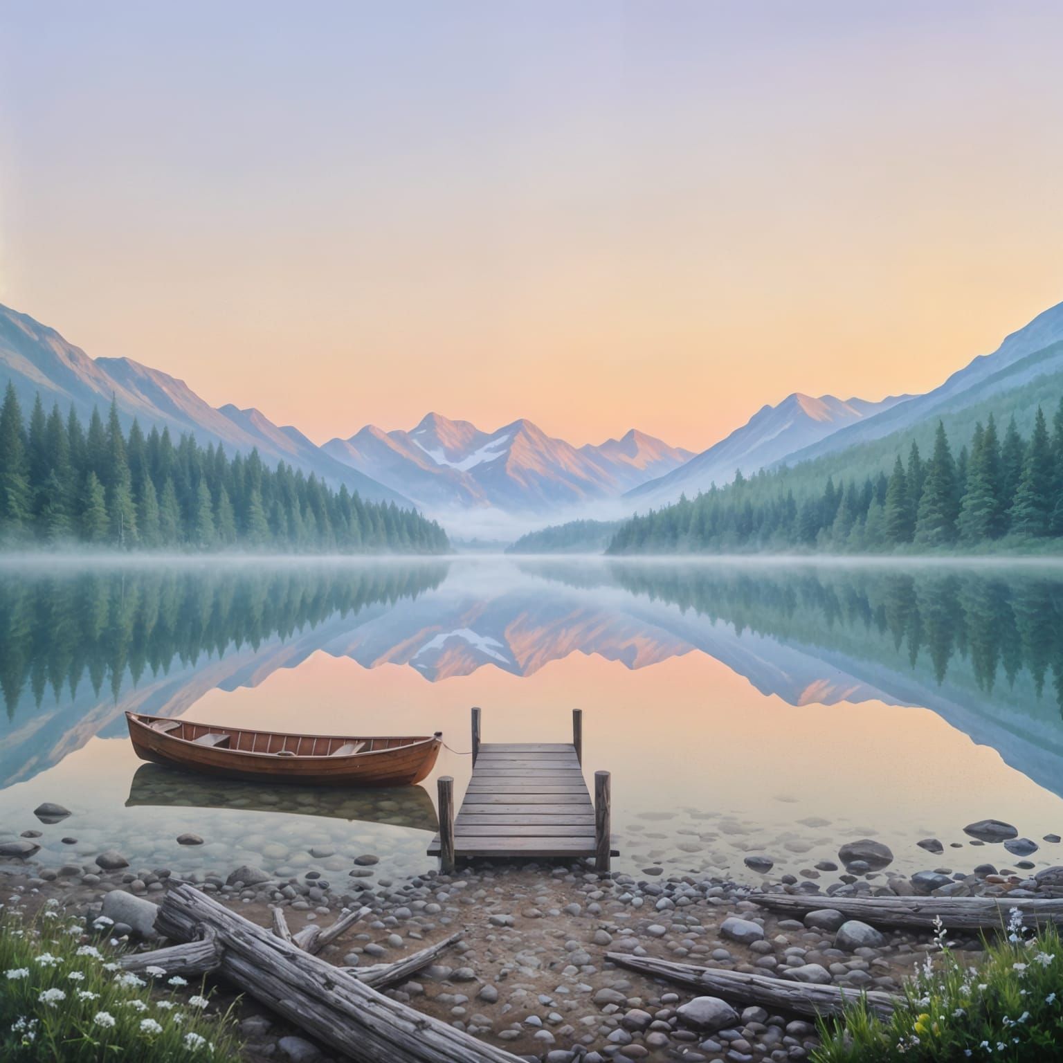 Tranquil Alpine Lake Oil Painting at Dawn