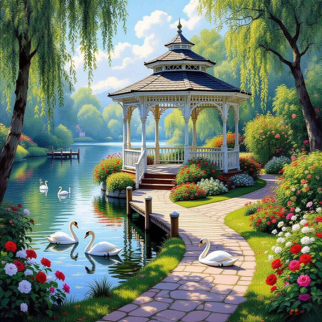 Serene Lakeside Garden Gazebo Painting