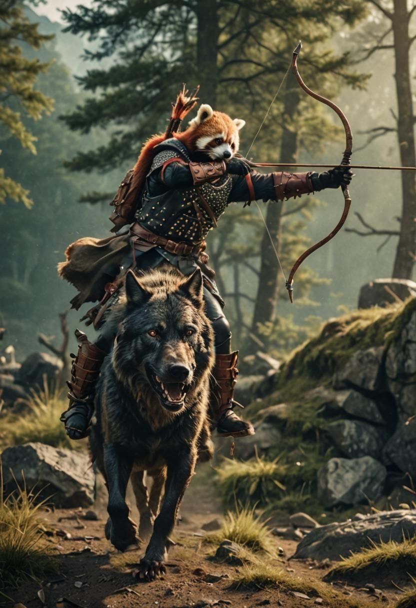 Red Panda Archer Rides Dire Wolf: Cinematic Film Still