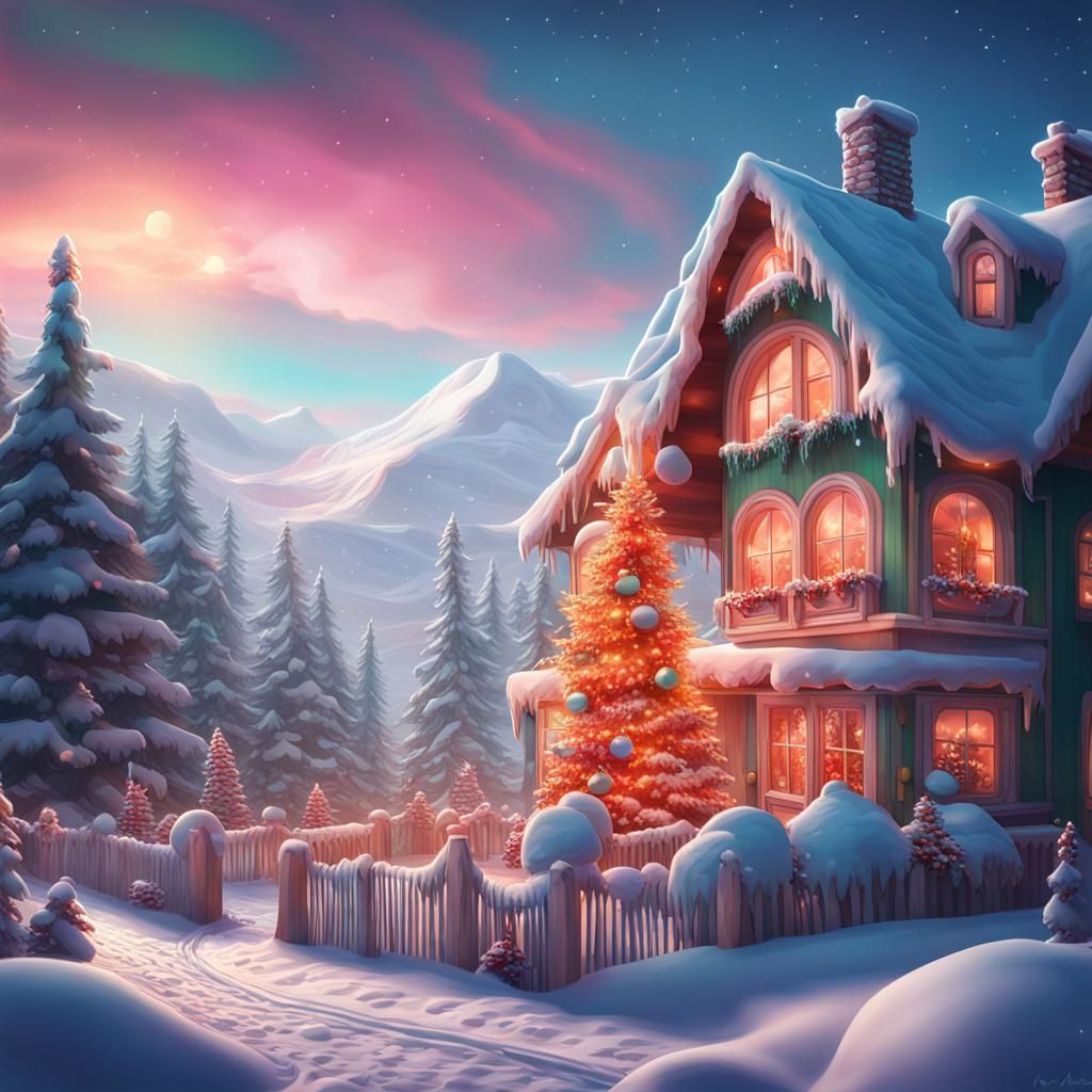 Magical Winter Christmas Home in Candy Art Style