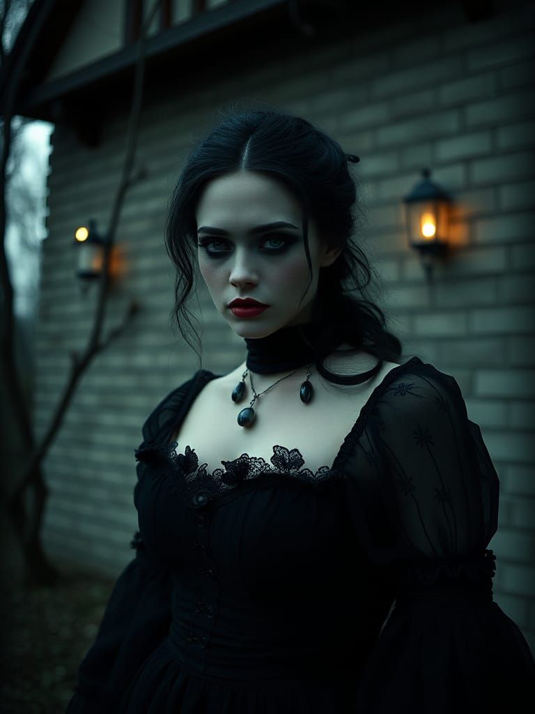 Photographic Portrait Grimdark Beautiful Voluptuous Vampire Haunted House Encaustic Haniwa style musical notes Amanda Bl...