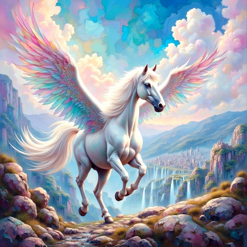 Winged Pegasus in Paradise: An Impasto Oil Painting