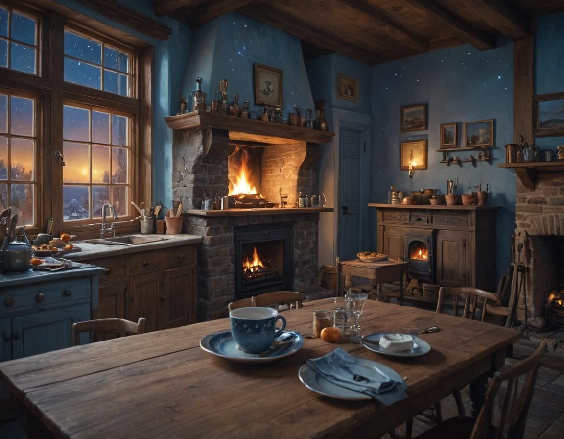 Cozy Kitchen Window to a Starry Night