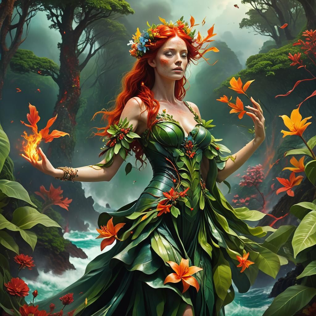 Goddess of Nature Controlling Tsunami and Fire