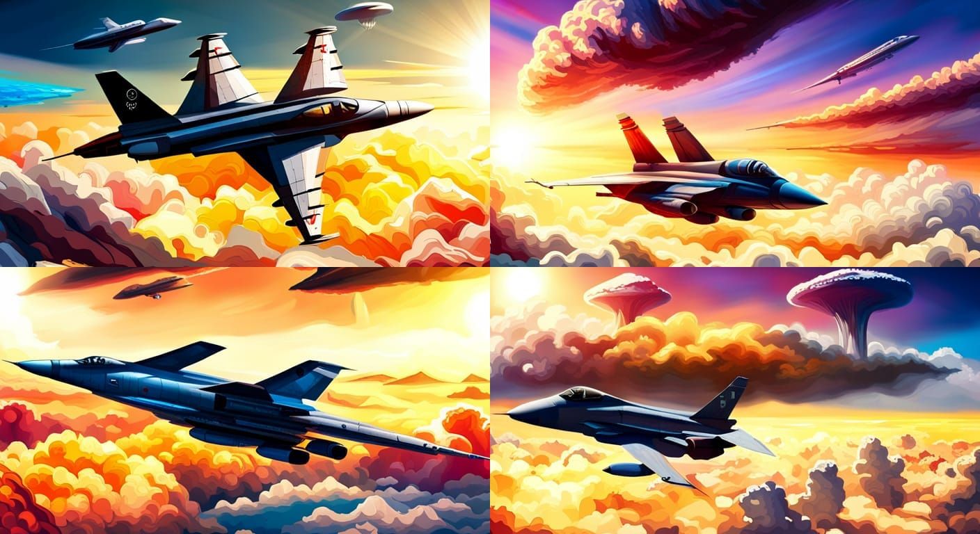 Cyberpunk Fighter Jet Over Clouds Concept Art