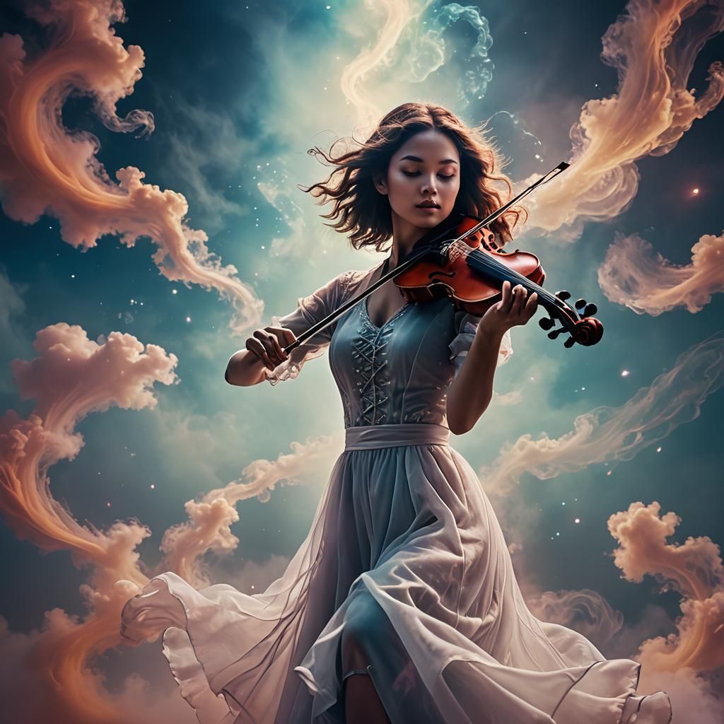 Girl Plays Luminous Violin in Surreal Haze