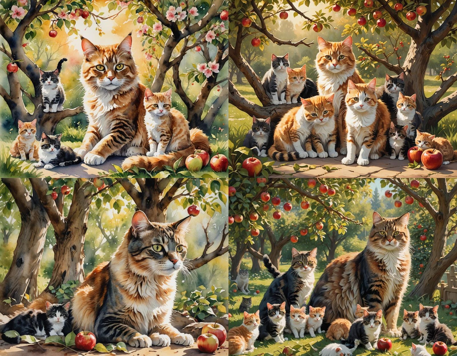 Wise Cat Teaching Kittens Under Apple Tree